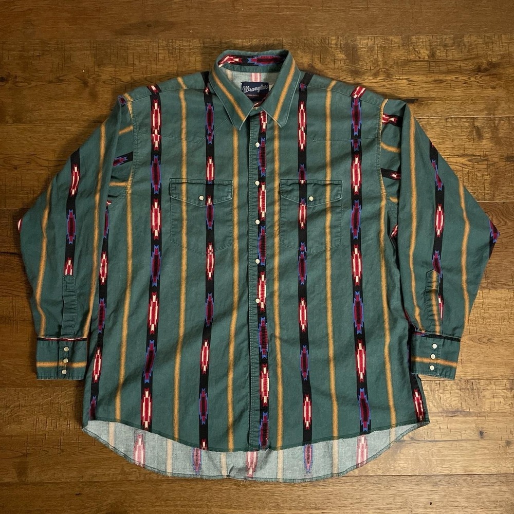 Wrangler Western Shirt Mens XXL Green Aztec Striped Vintage Pearl Snap Rodeo